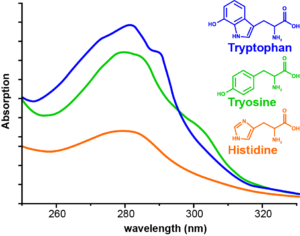 Absorption spectra of Tryptophan, Tyrosine and Histidine.